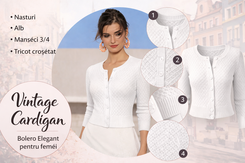 Cardigan dama elegant Vintage – bluza tricotata alba cu nasturi, maneci 3/4