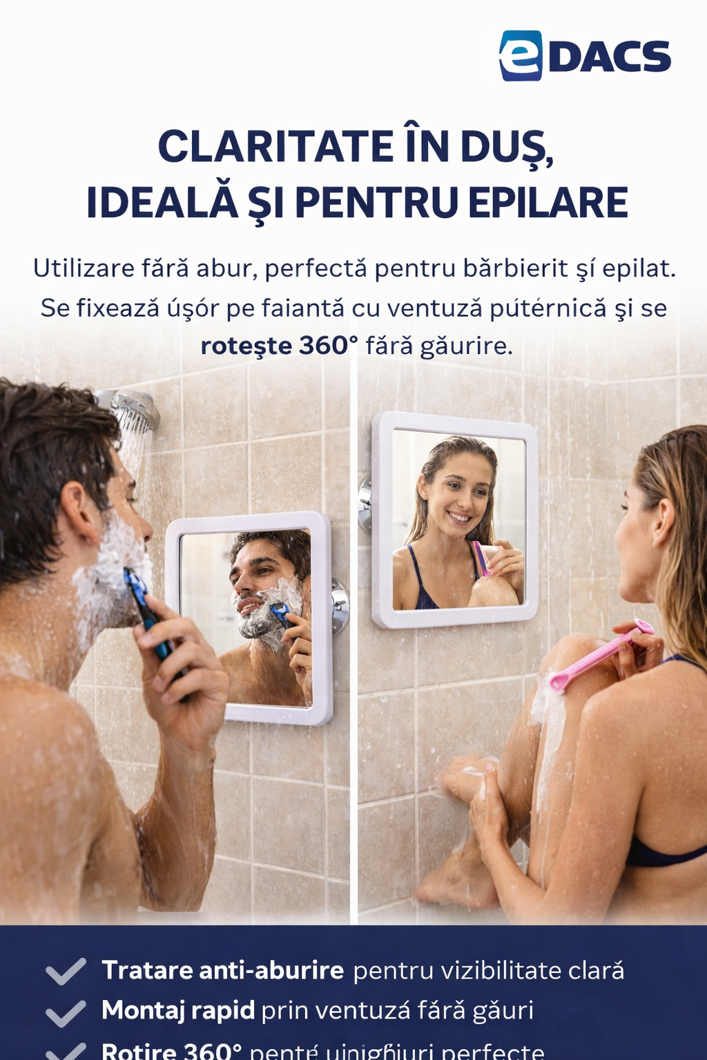 Oglindă Anti-Aburire pentru Baie cu Ventuză – Rotire 360°, Montaj Fără Găurire