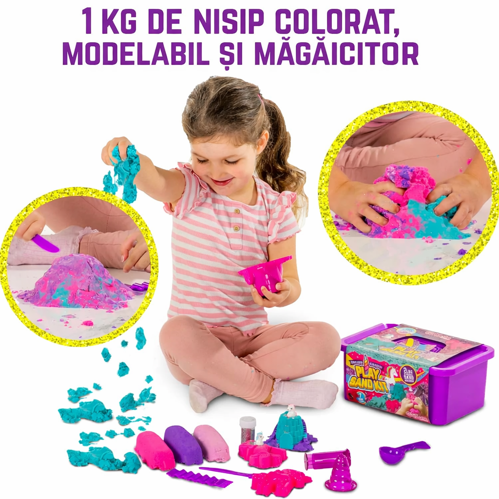 Set Nisip Modelator pentru Copii – 1 kg nisip cu Accesorii și Cutie de Depozitare