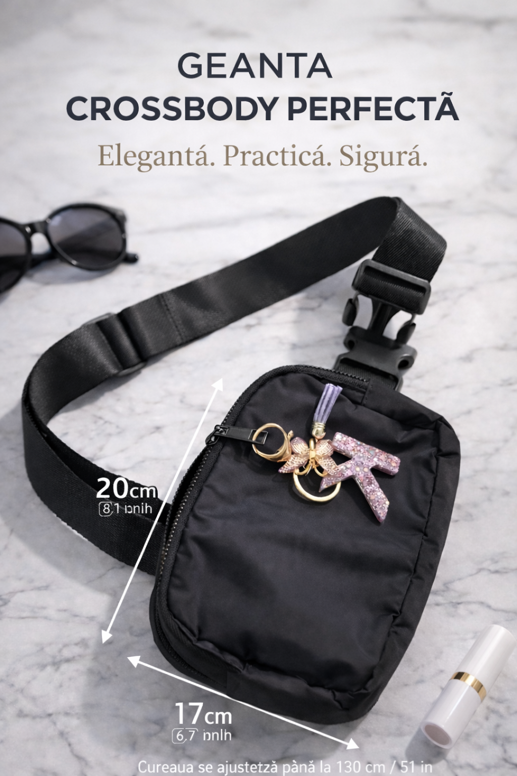 Borsetă Damă Neagră cu Litera , 20x17 cm, Curea Reglabilă 130 cm