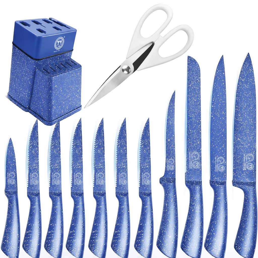 Set profesional cuțite bucătărie XYJ 13 piese – oțel inoxidabil, suport cu ascuțitor, 11 cuțite + foarfecă