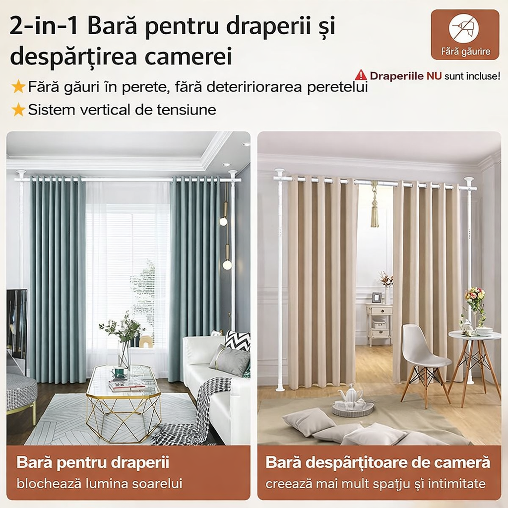 Bară pentru draperii & separator de cameră 2-în-1, reglabilă, fără găurire