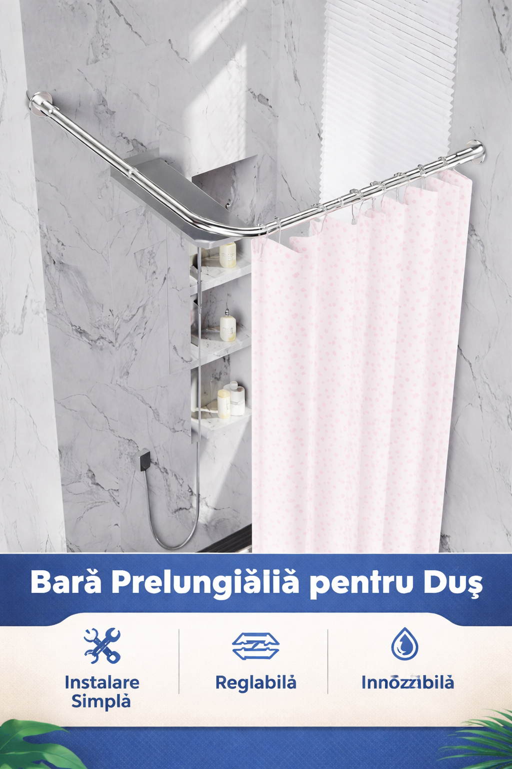 Bară Duș Colț L Reglabilă 68–96 x 68–96 cm – Oțel Inoxidabil, Antirugină