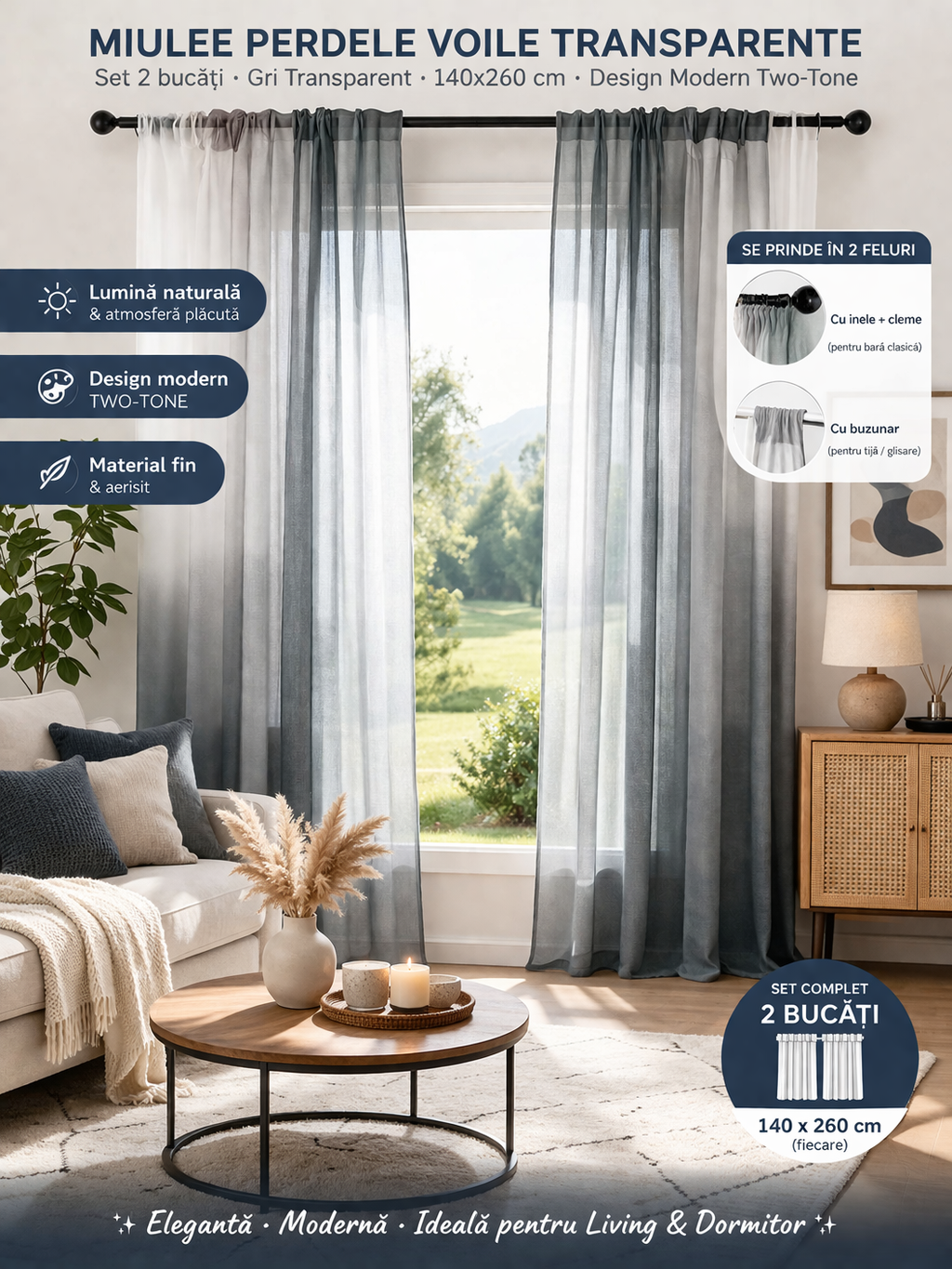 Perdele MIULEE Set 2 Buc – Gri Transparent, 140x260 cm, doua nuante