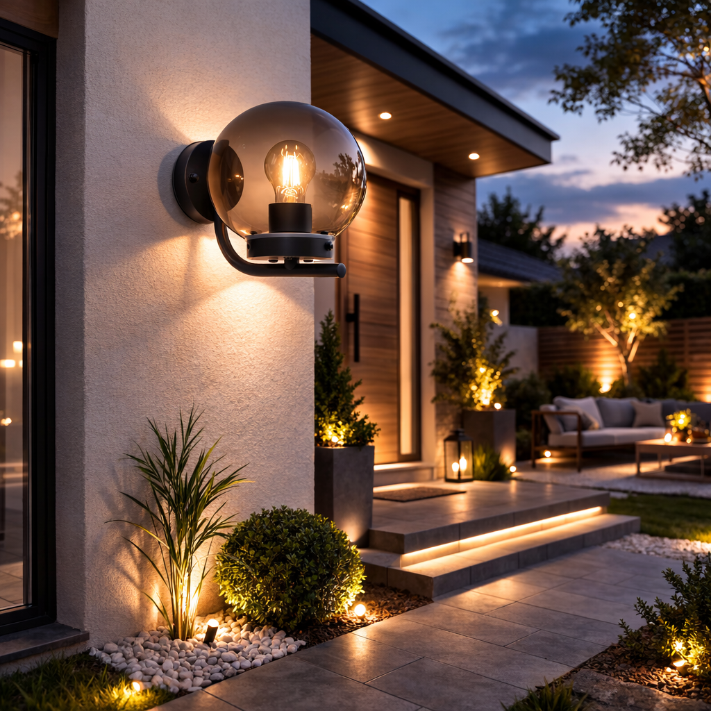 Aplica exterior EGLO Taverna, metal negru, glob sticlă fumurie