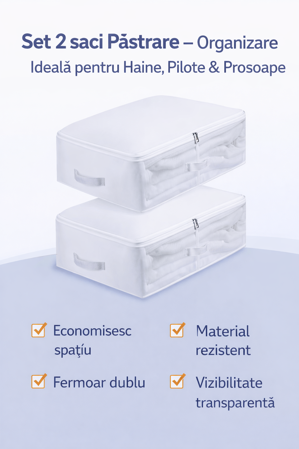Set 2 huse Depozitare Textile – Organizare Dulap, Mari & Mici (70x40x20 + 45x35x15 cm)