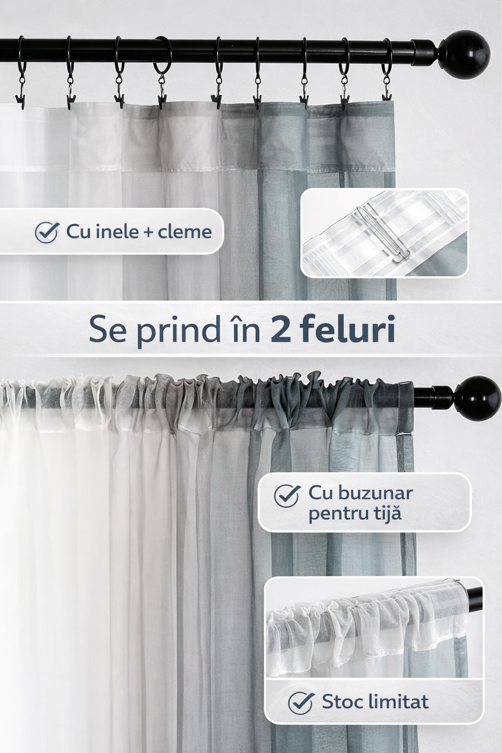 Perdele MIULEE Set 2 Buc – Gri Transparent, 140x260 cm, doua nuante