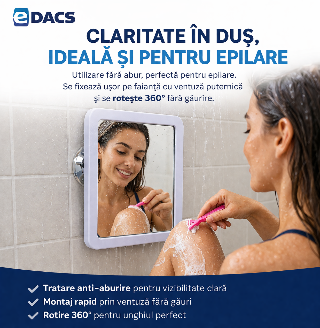 Oglindă Anti-Aburire pentru Baie cu Ventuză – Rotire 360°, Montaj Fără Găurire