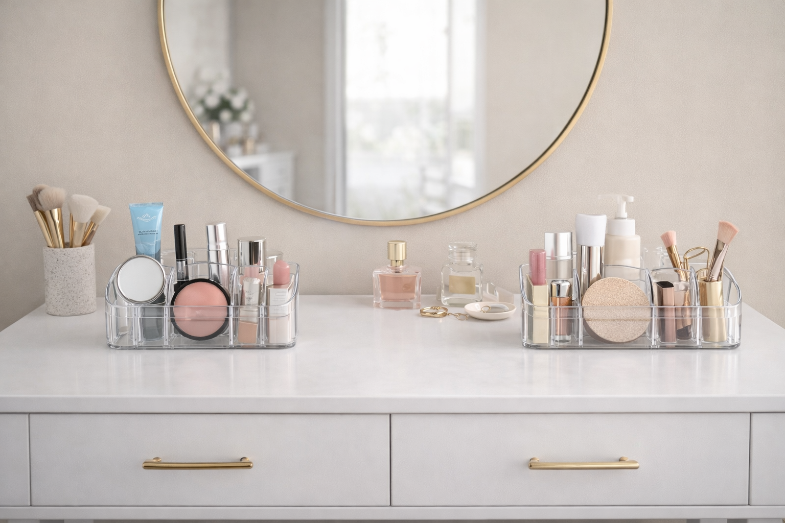 Organizator cosmetic transparent, pentru machiaj, pensule si accesorii