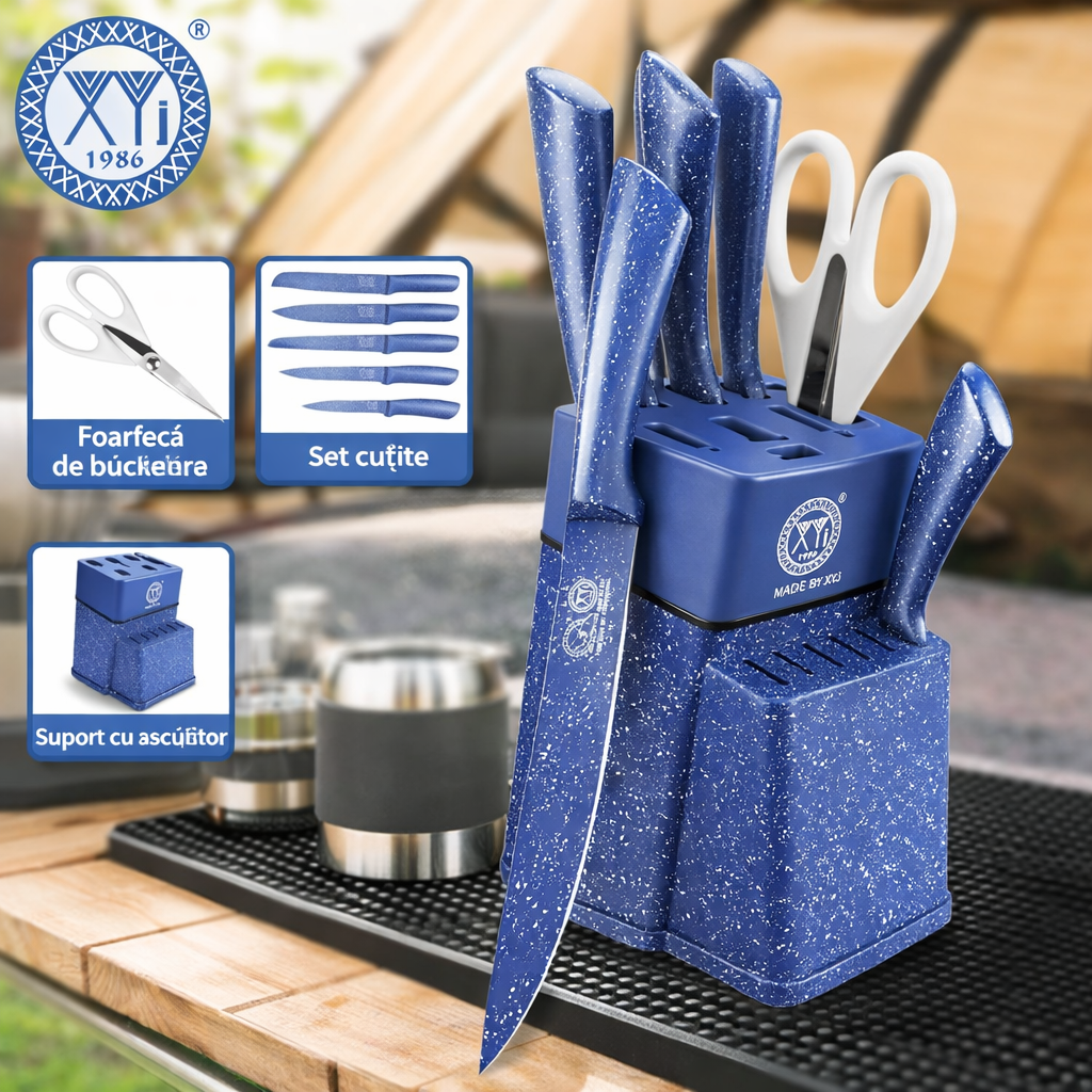 Set profesional cuțite bucătărie XYJ 7 piese – oțel inoxidabil, suport cu ascuțitor, 5 cuțite + foarfecă