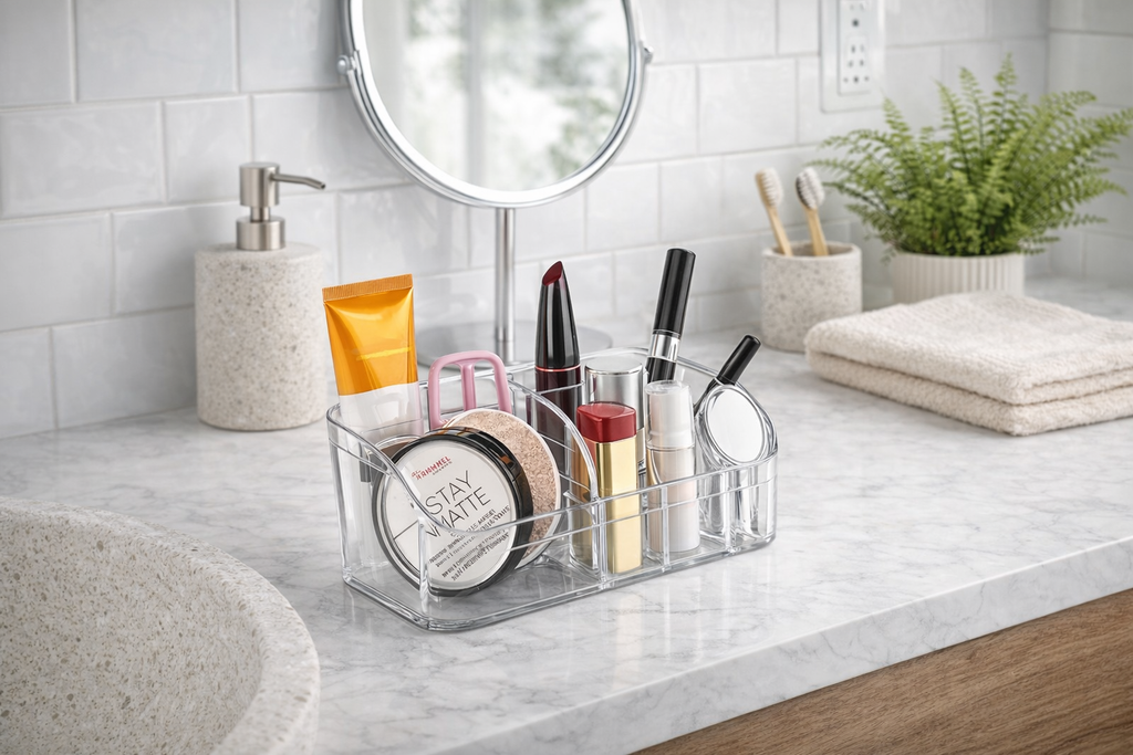 Organizator cosmetic transparent, pentru machiaj, pensule si accesorii