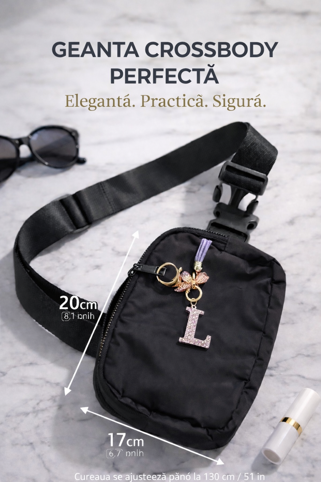 Borsetă Damă Neagră cu Litera , 20x17 cm, Curea Reglabilă 130 cm