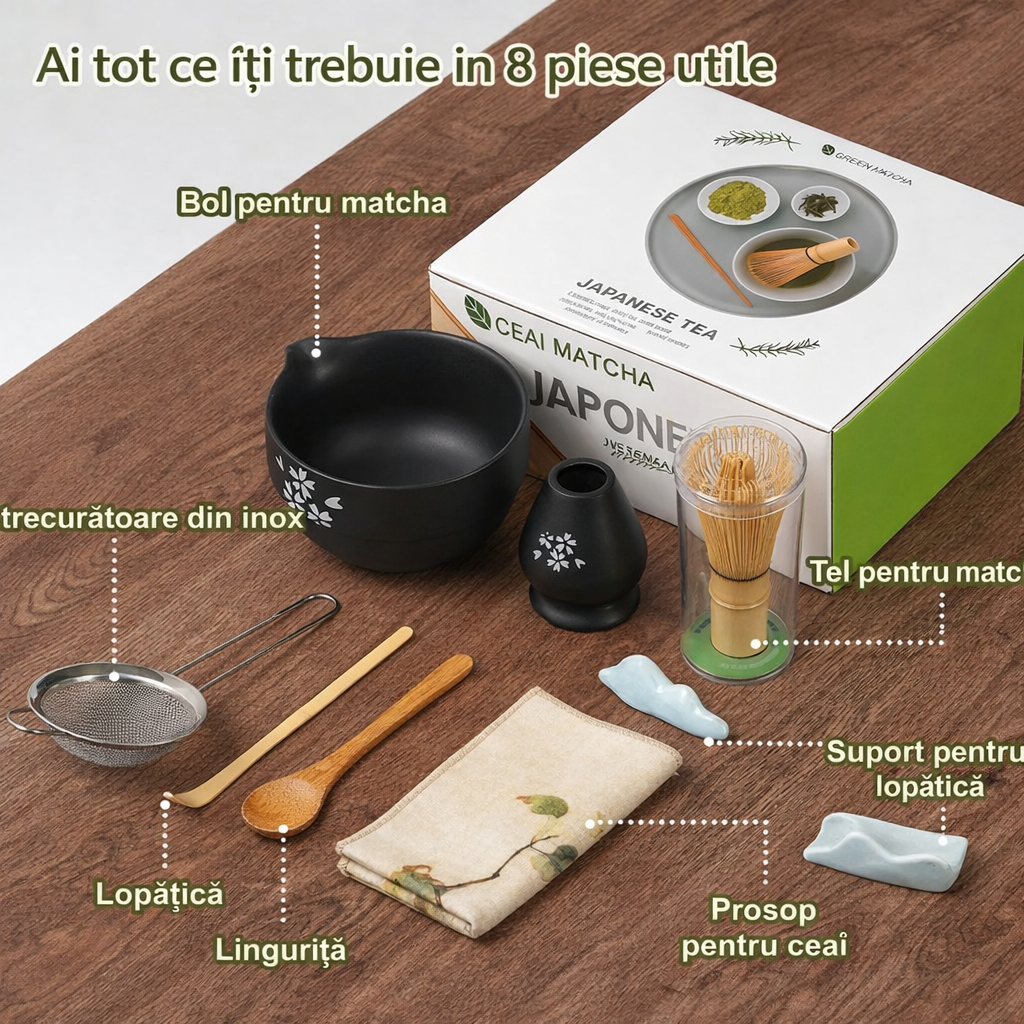 Set complet pentru prepararea ceaiului Matcha – Ritual japonez, 8 piese