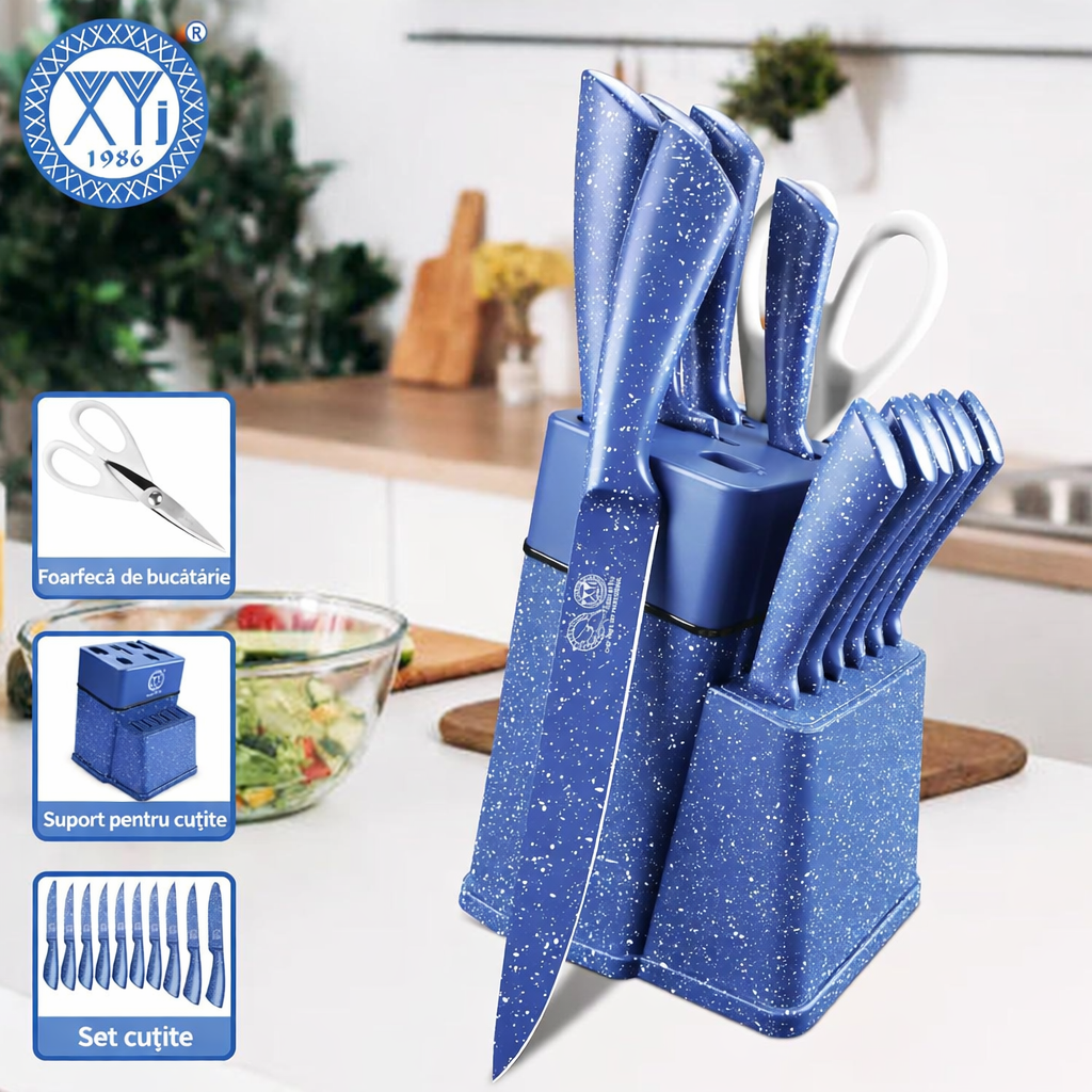 Set profesional cuțite bucătărie XYJ 13 piese – oțel inoxidabil, suport cu ascuțitor, 11 cuțite + foarfecă