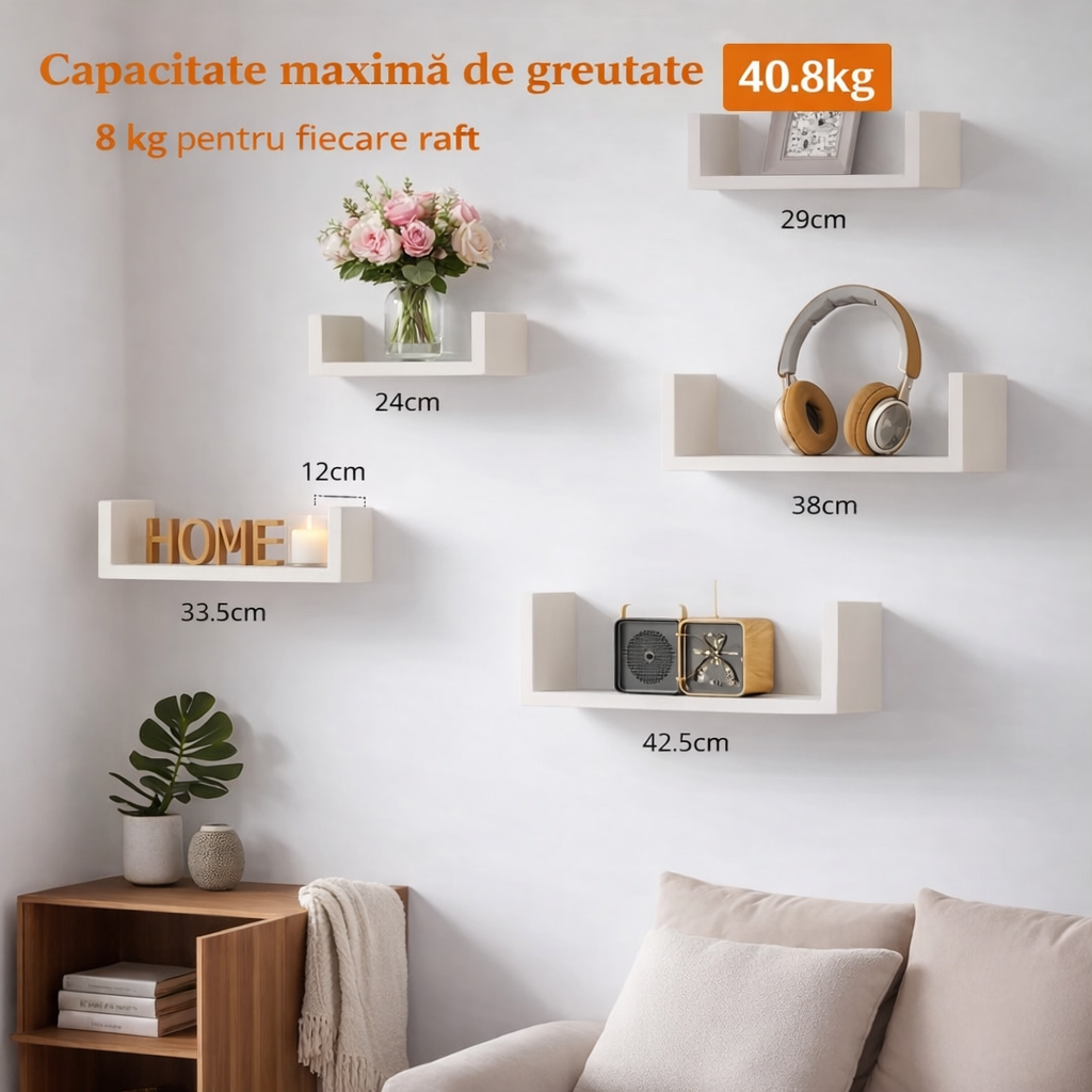 Set 5 etajere perete decorative – pentru living, dormitor sau birou – alb