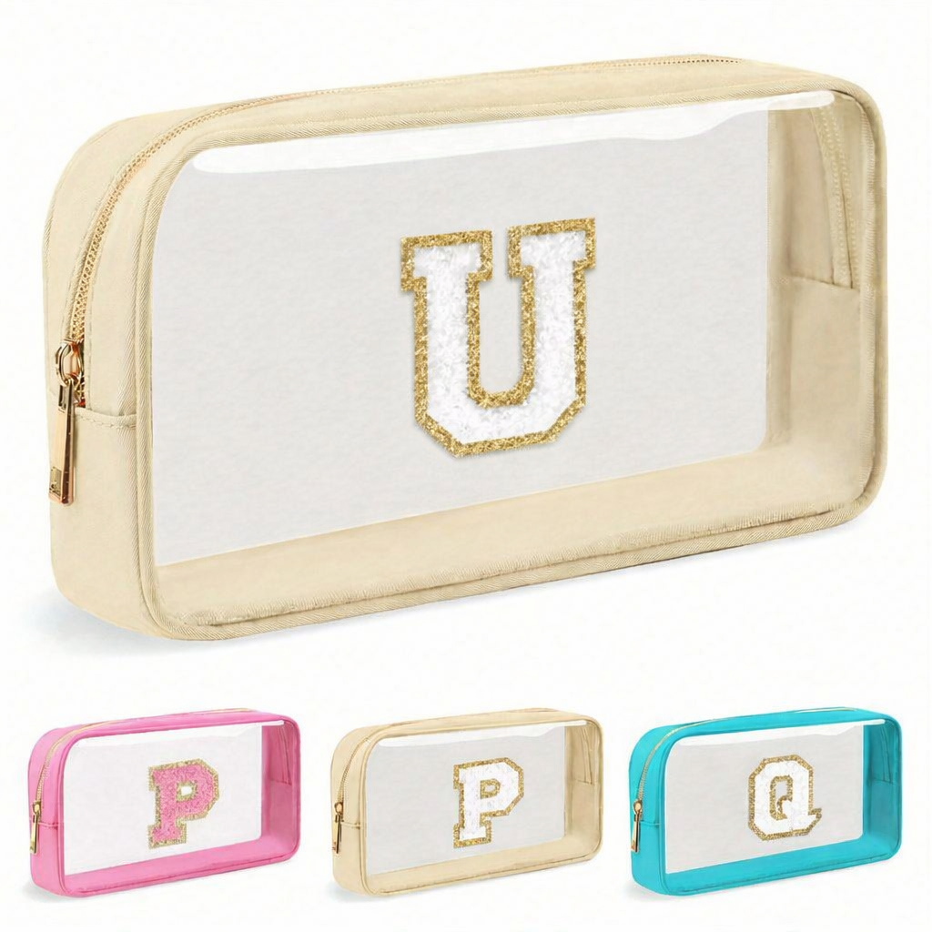 Geantă Transparentă pentru Machiaj cu Inițială – Impermeabilă, Portabilă,