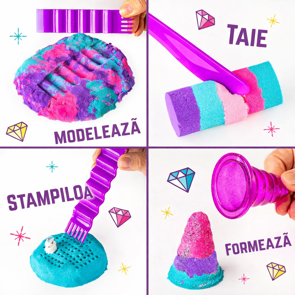 Set Nisip Modelator pentru Copii – 1 kg nisip cu Accesorii și Cutie de Depozitare