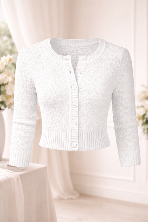 Cardigan dama elegant Vintage – bluza tricotata alba cu nasturi, maneci 3/4