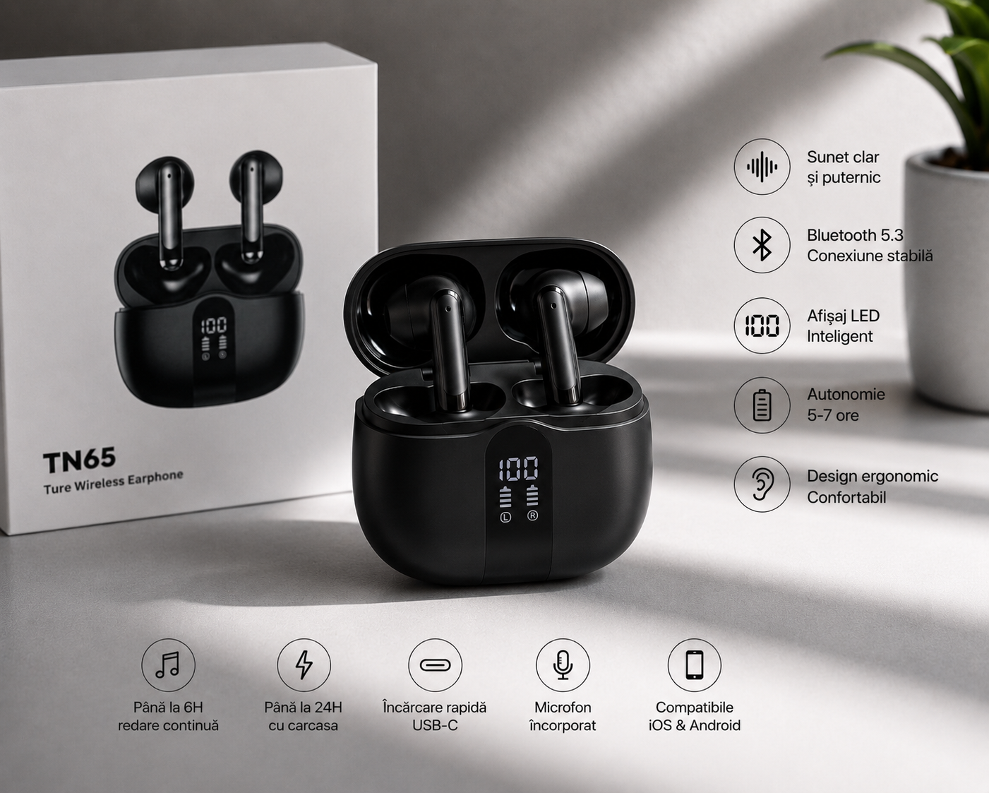 Căști Wireless TN65 – Sunet Hi-Fi, Microfon HD, Display LED, USB-C, Compatibile Android & iPhone