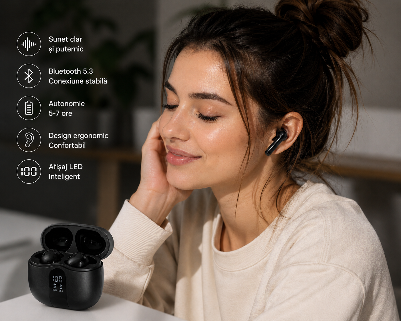 Căști Wireless TN65 – Sunet Hi-Fi, Microfon HD, Display LED, USB-C, Compatibile Android & iPhone