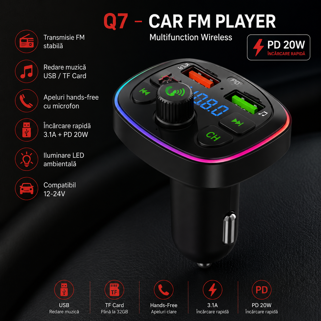 Modulator FM Bluetooth Q7 PD 20W
