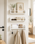 Set 3 Etajere de din Lemn, 40 cm, Alb Minimalist – Cu Suport de Haine/Chei și Barieră din Mărgele, Stil Boho-Scandinav