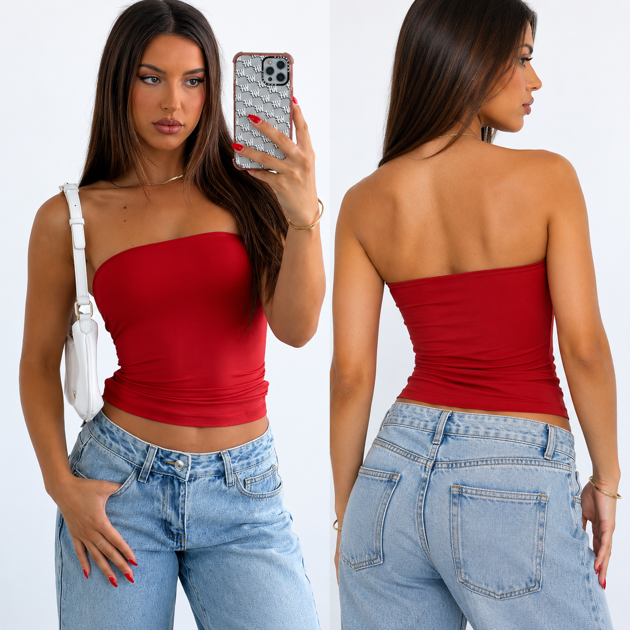 Set 2 Topuri Damă Fără Bretele – Roșu & Maro | Mulat, Elastic, Confort Premium