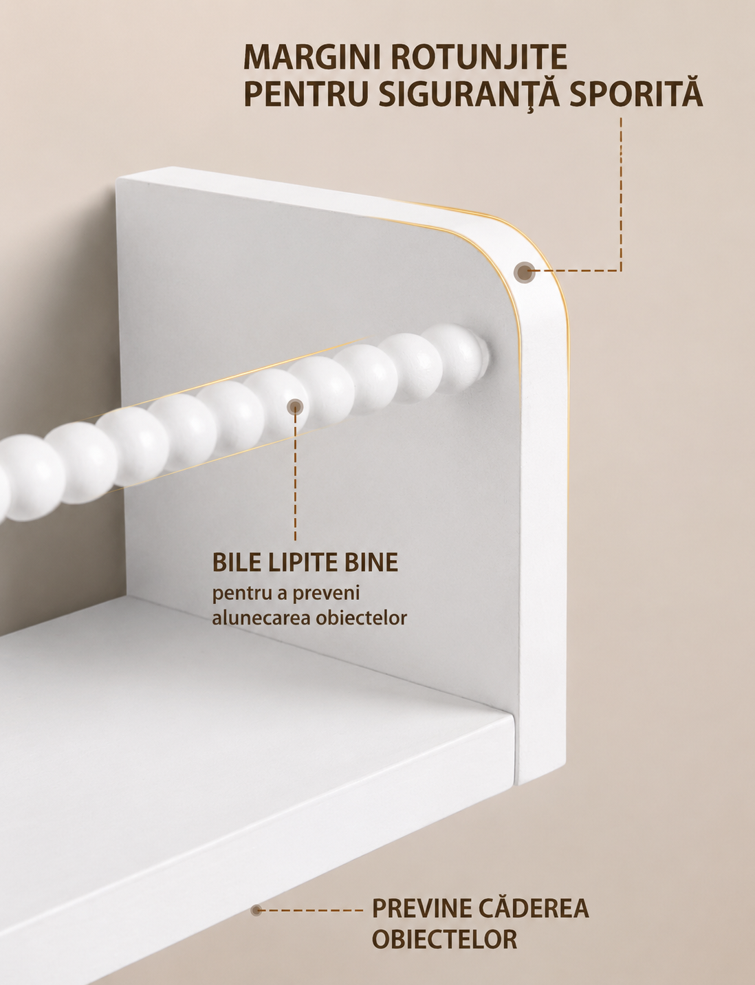 Set 3 Etajere de din Lemn, 40 cm, Alb Minimalist – Cu Suport de Haine/Chei și Barieră din Mărgele, Stil Boho-Scandinav