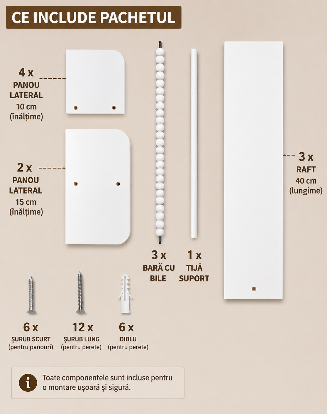 Set 3 Etajere de din Lemn, 40 cm, Alb Minimalist – Cu Suport de Haine/Chei și Barieră din Mărgele, Stil Boho-Scandinav