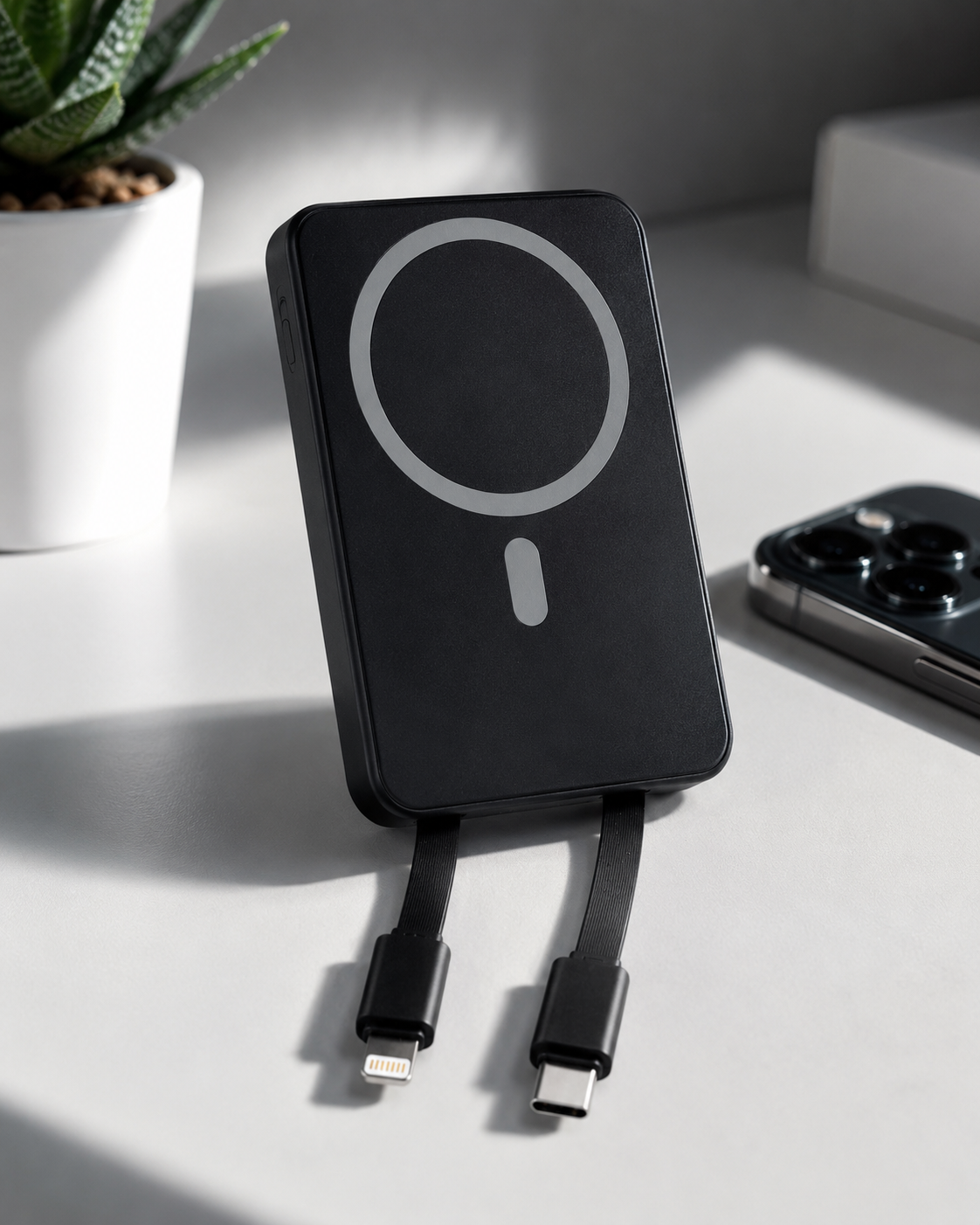 Baterie Externă Magnetică 10000 mAh | Încărcare Wireless MagSafe + Cabluri Integrate USB-C