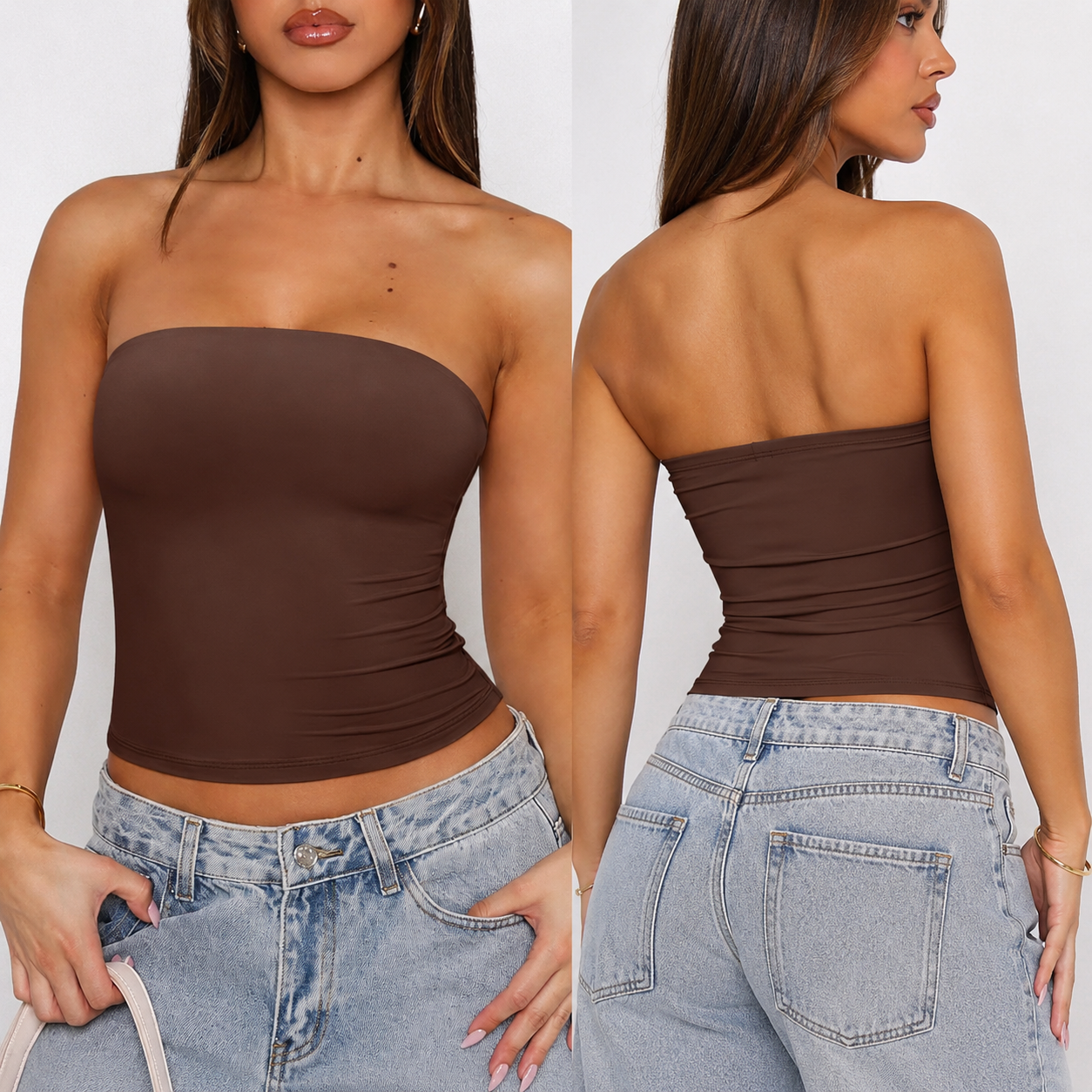 Set 2 Topuri Damă Fără Bretele – Roșu & Maro | Mulat, Elastic, Confort Premium