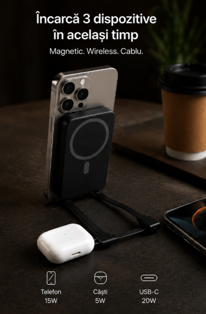 Baterie Externă Magnetică 10000 mAh | Încărcare Wireless MagSafe + Cabluri Integrate USB-C