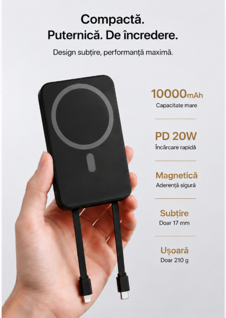 Baterie Externă Magnetică 10000 mAh | Încărcare Wireless MagSafe + Cabluri Integrate USB-C