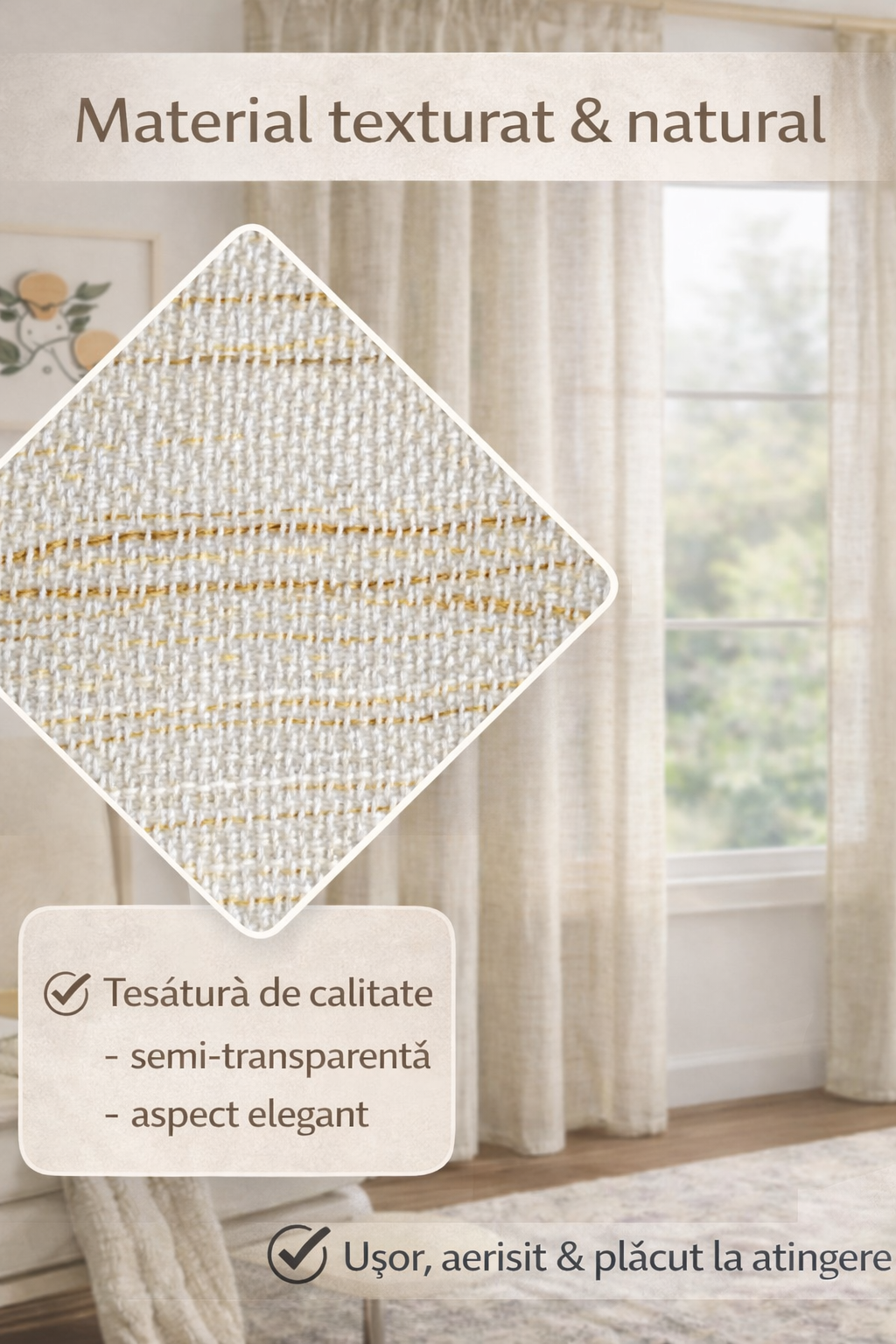 Perdele Voile MIULEE Set 2 Buc – 140x122 cm, Semi-Transparente, Design Elegant