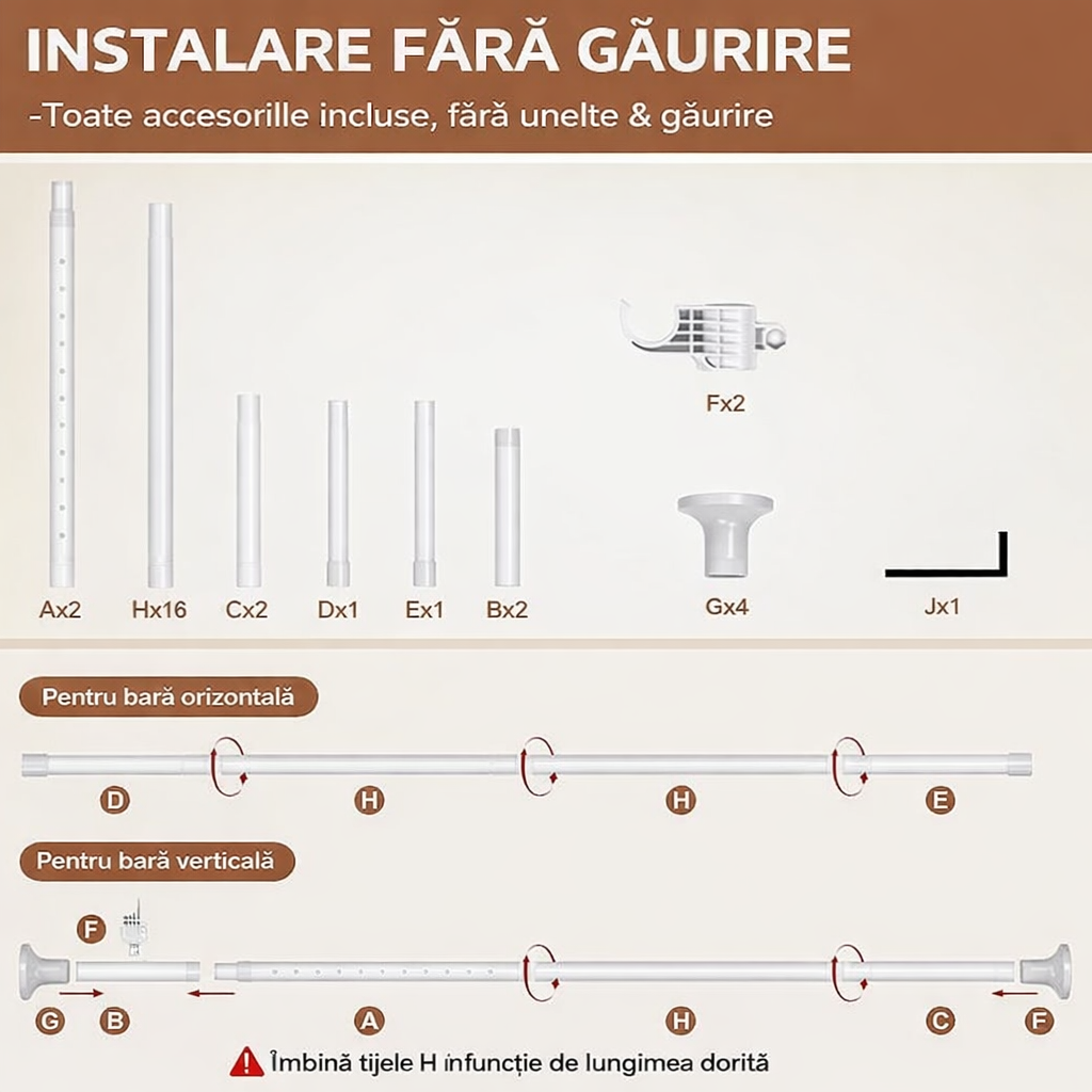 Bară pentru draperii & separator de cameră 2-în-1, reglabilă, fără găurire