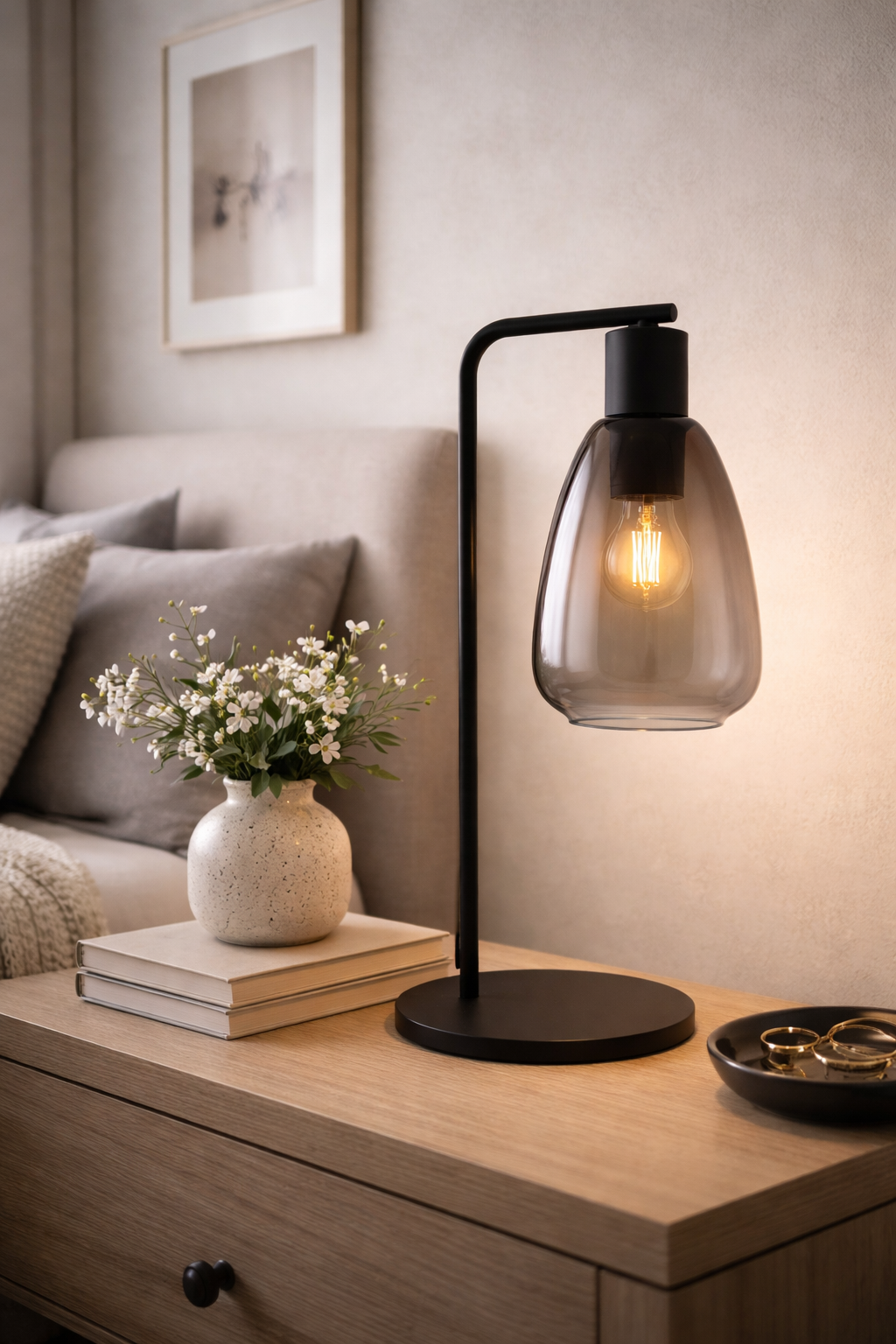 Lampă de masă, Eglo Chelvey, sticlă fumurie, negru, 50.5 cm