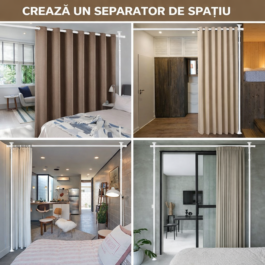 Bară pentru draperii & separator de cameră 2-în-1, reglabilă, fără găurire
