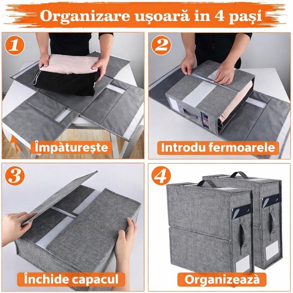 Set 4 cutii organizatoare pentru haine și lenjerii, cu fermoar și fereastră transparentă