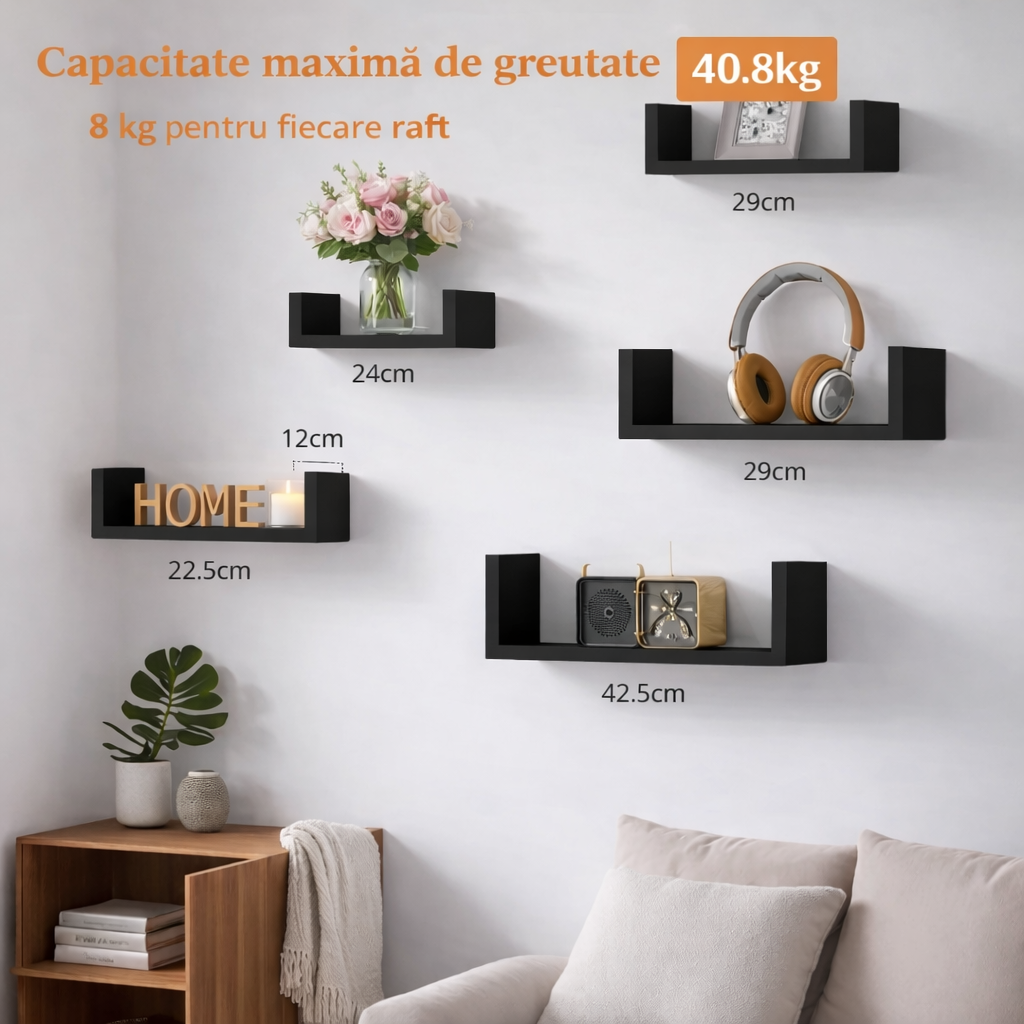 Set 5 etajere perete decorative – pentru living, dormitor sau birou – alb