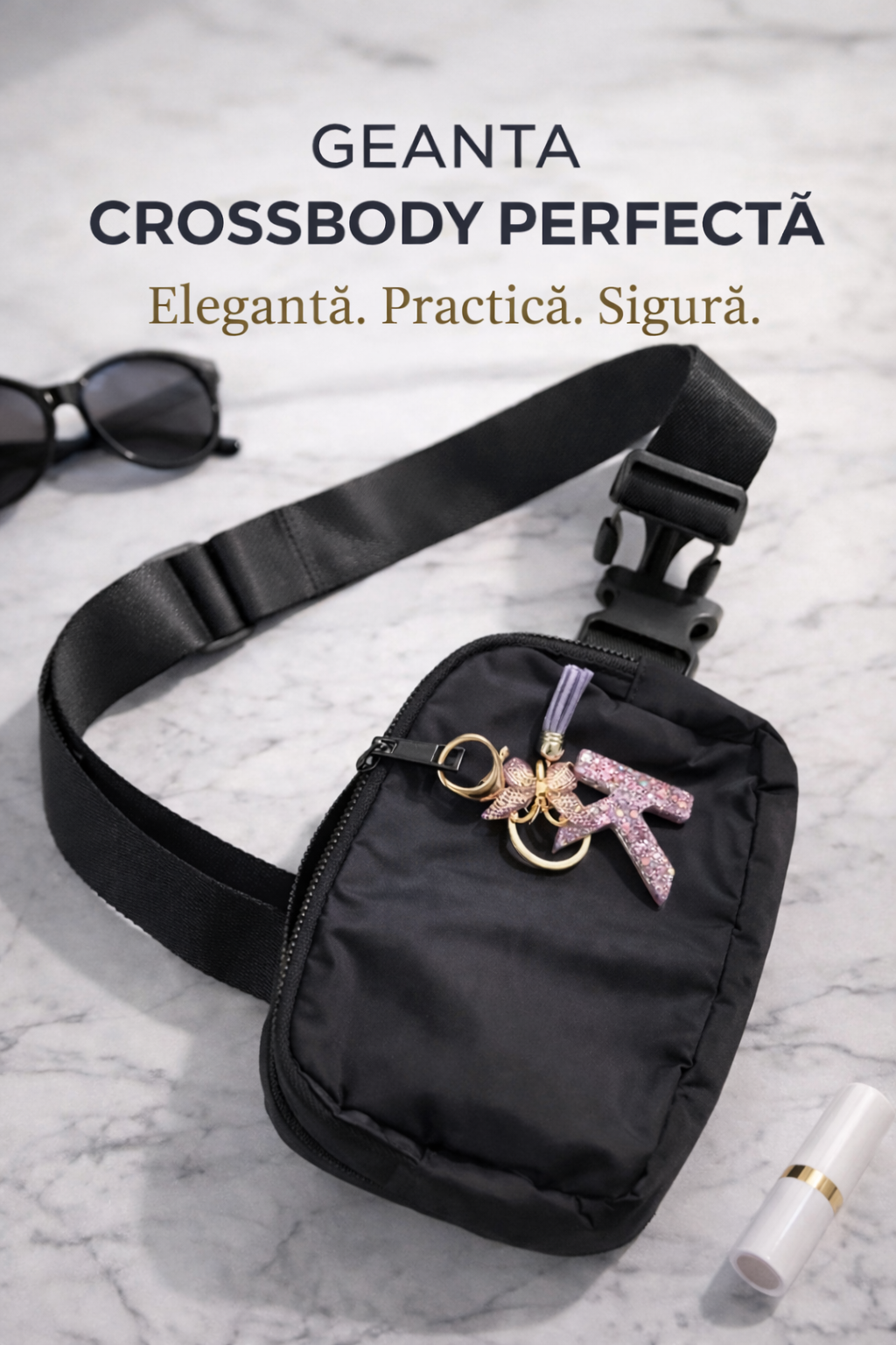 Borsetă Damă Neagră cu Litera , 20x17 cm, Curea Reglabilă 130 cm