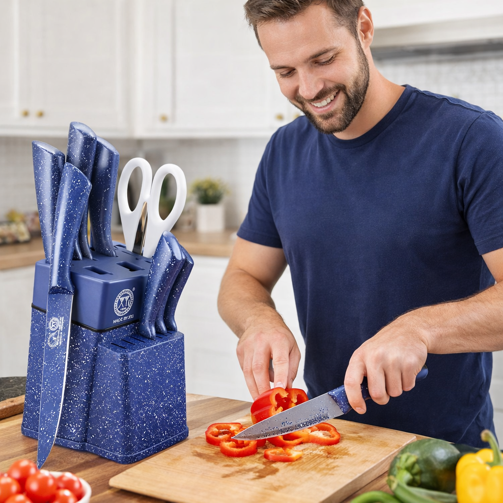 Set profesional cuțite bucătărie XYJ 7 piese – oțel inoxidabil, suport cu ascuțitor, 5 cuțite + foarfecă