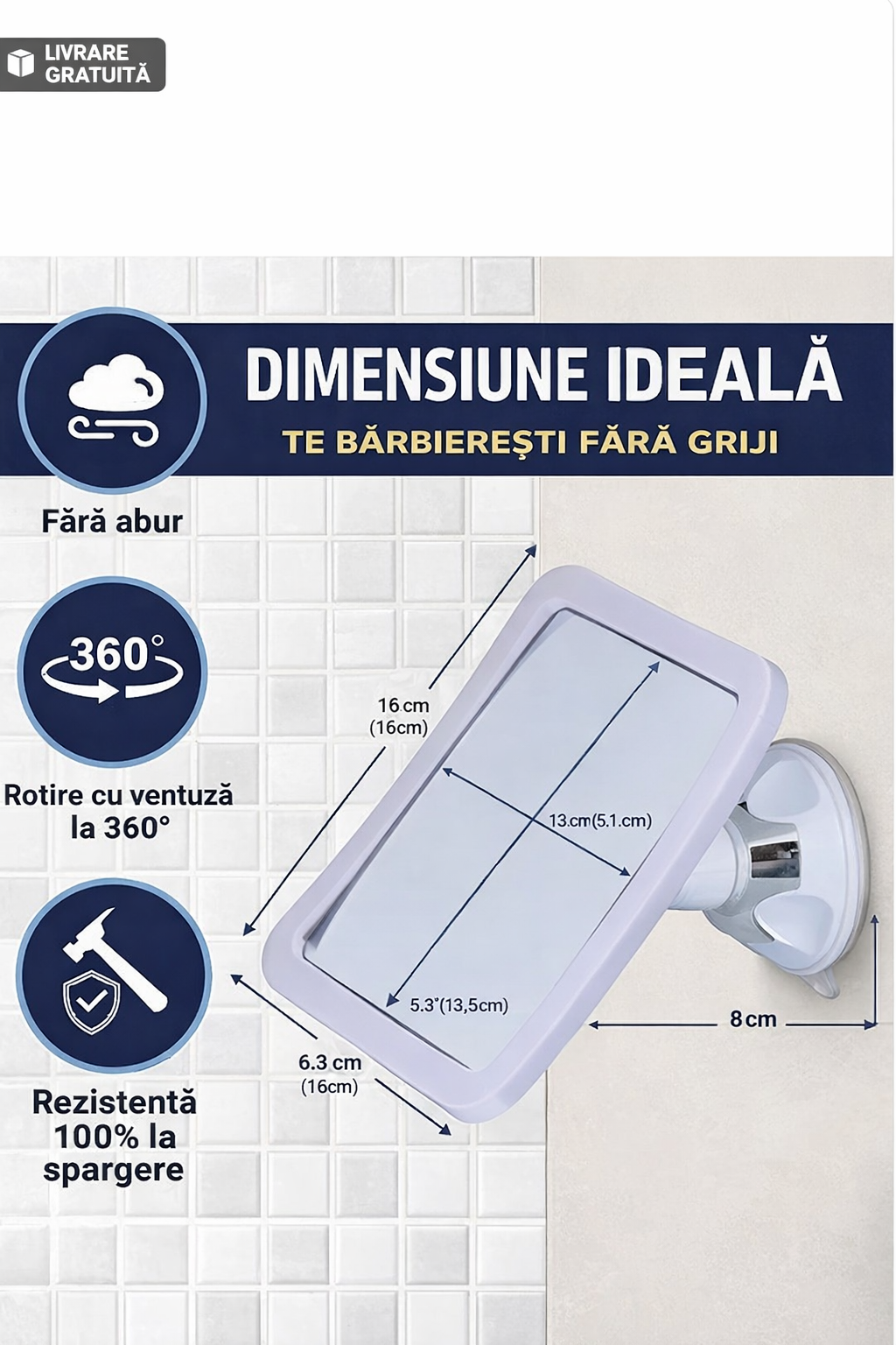 Oglindă Anti-Aburire pentru Baie cu Ventuză – Rotire 360°, Montaj Fără Găurire