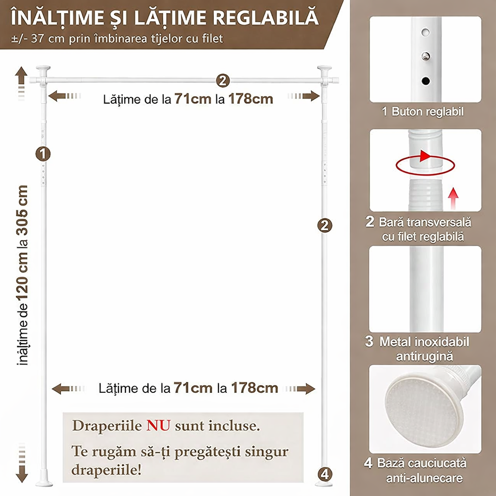 Bară pentru draperii & separator de cameră 2-în-1, reglabilă, fără găurire