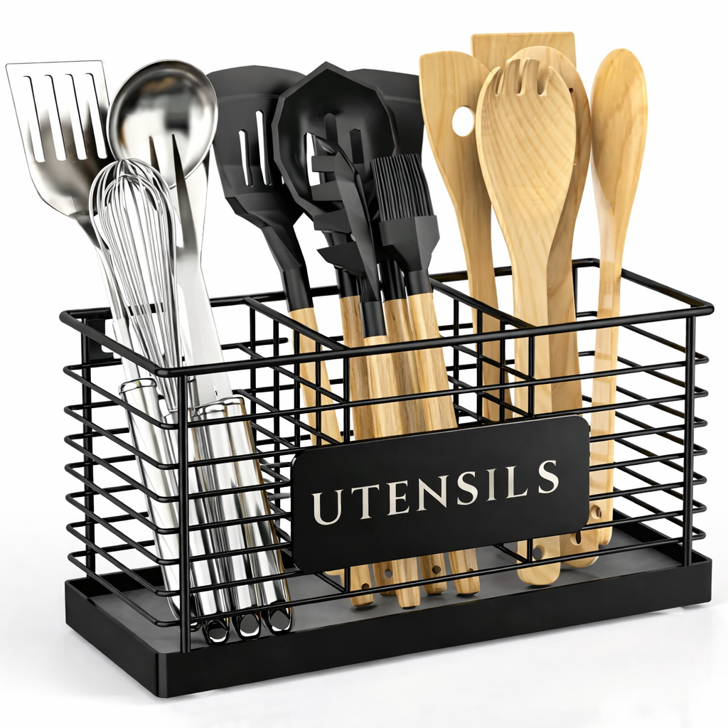 Suport Ustensile Bucătărie Metalic – Organizator Elegant cu Tavă de Scurgere