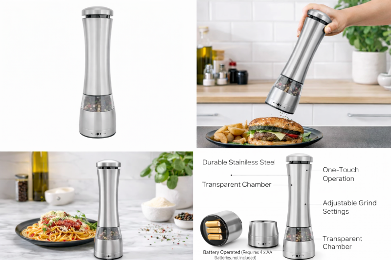 Râșniță electrică de sare și piper din stainless Stell – reglaj fin al măcinării,