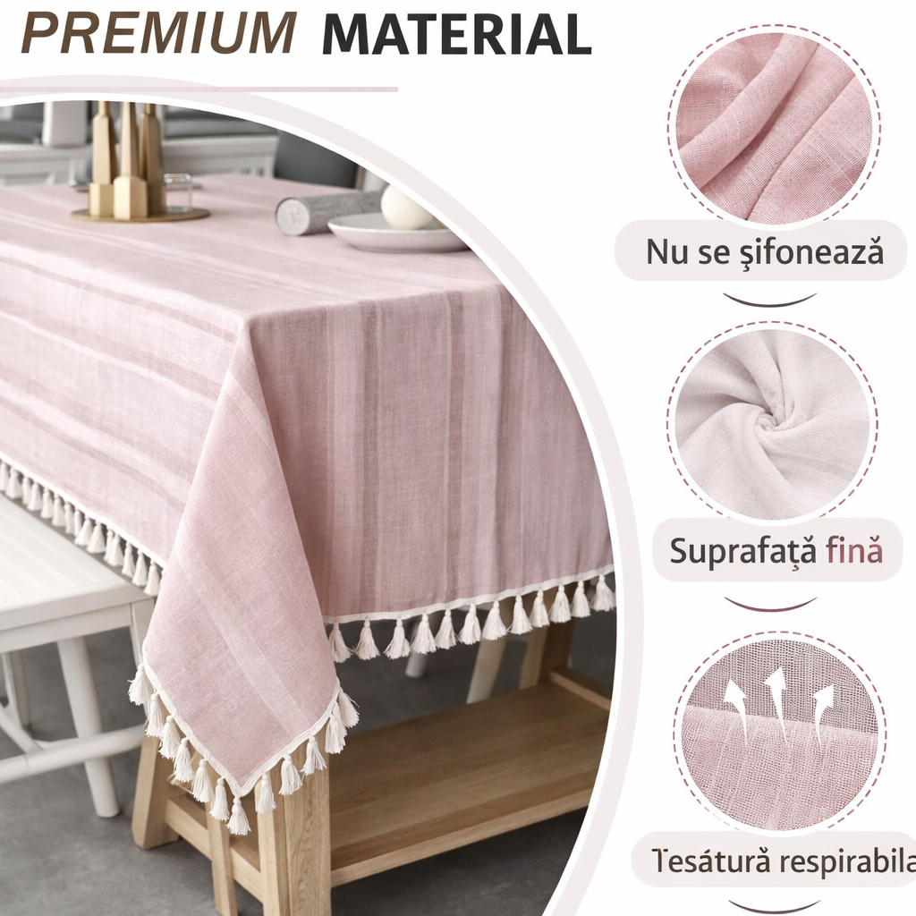 Față de masă macrame premium – material gros, decorativă, cu franjuri elegante