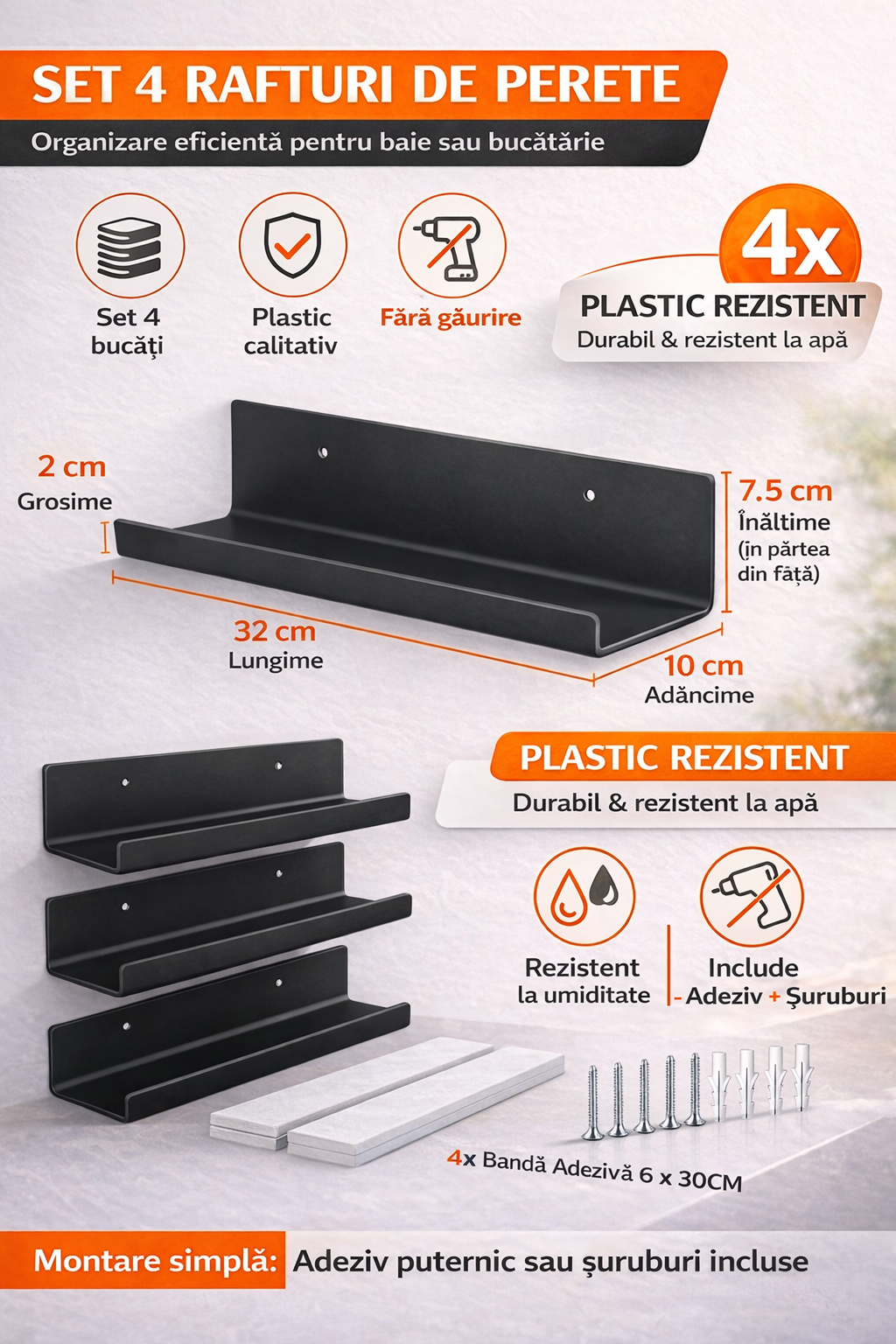Set 4 Etajere de Perete 32x10 cm din Plastic Premium Rezistent