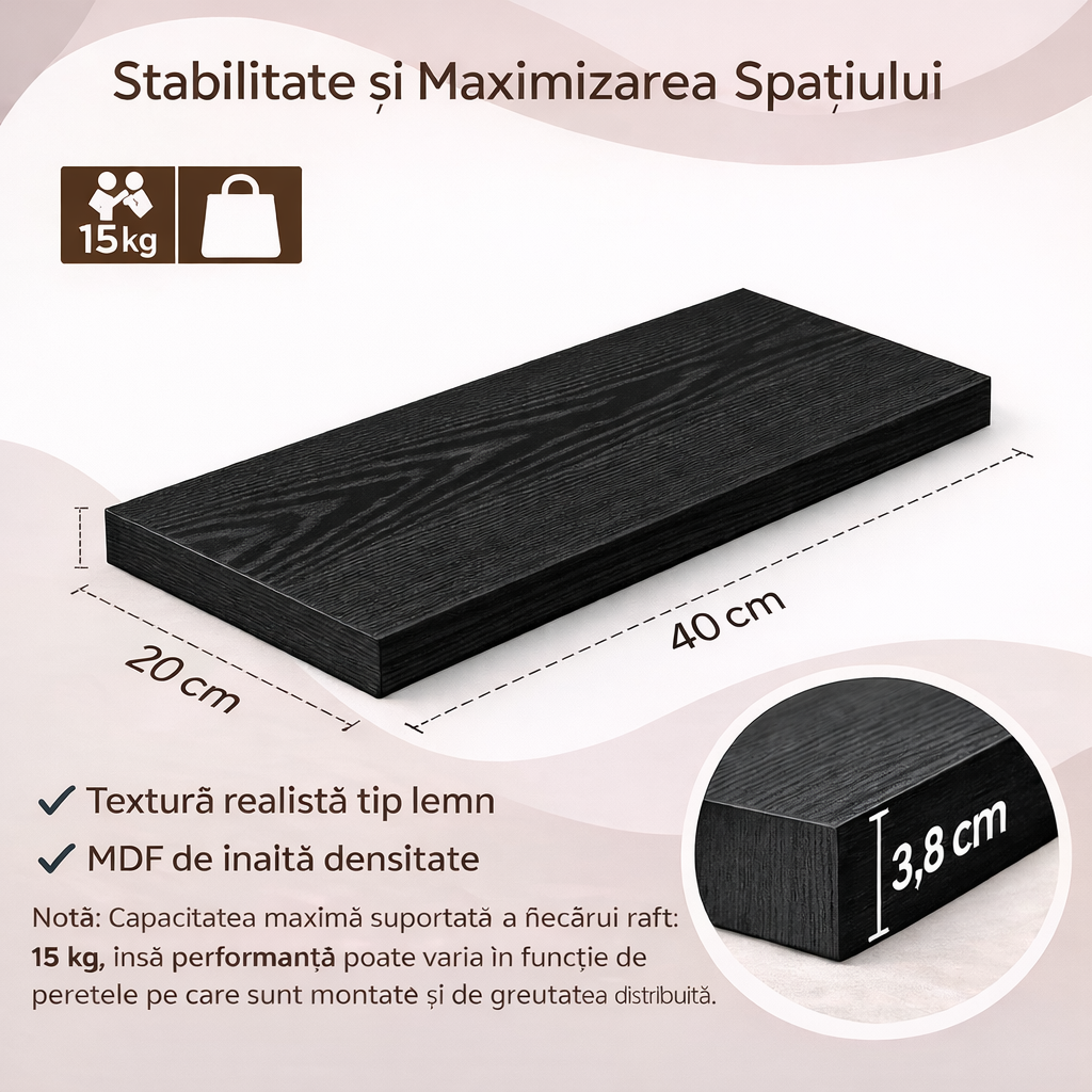 Set 2 etajere Plutitor Negru 40x20 cm – Textură Lemn Natural, Suport 15kg