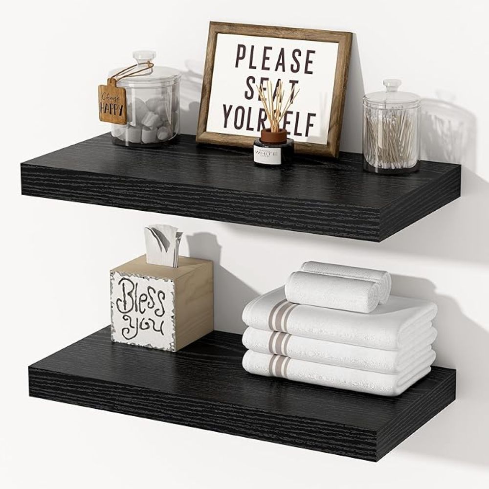 Set 2 etajere Plutitor Negru 40x20 cm – Textură Lemn Natural, Suport 15kg