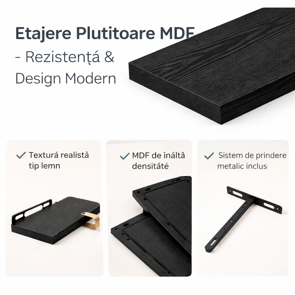 Set 2 etajere Plutitor Negru 40x20 cm – Textură Lemn Natural, Suport 15kg